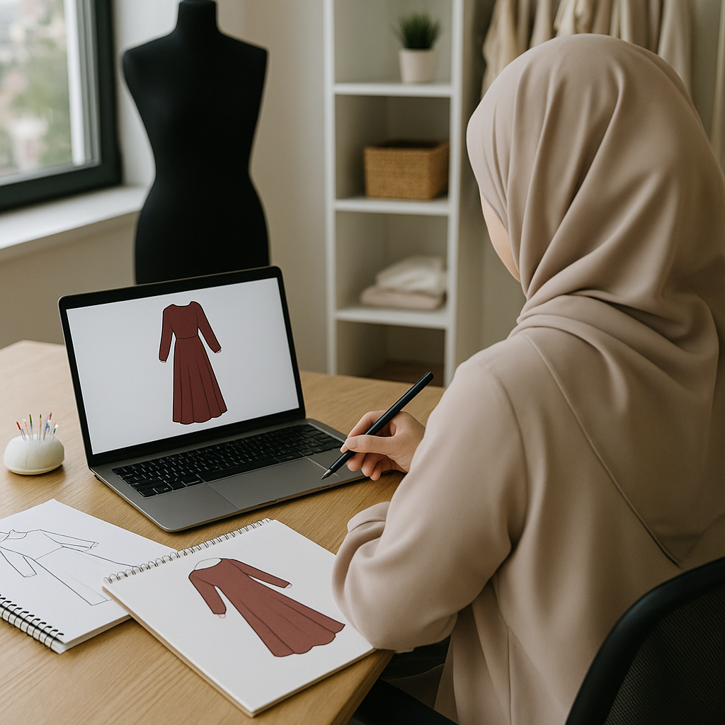 Riska Oktaviani sketching and designing a modest couture dress on her laptop.
